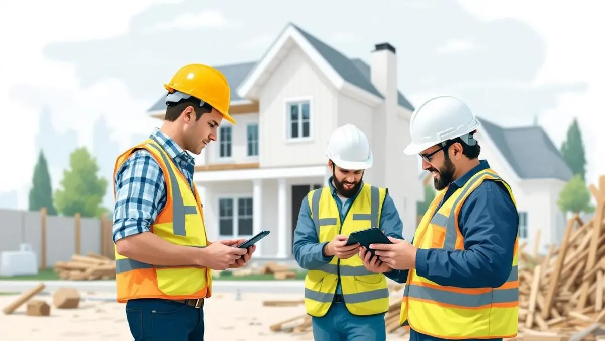 Construction workers inspectors tablets smartphones disaster recovery building site
