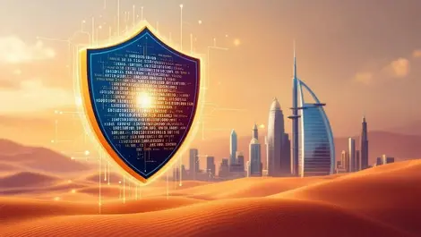 Digital shield over dubai skyline with binary code cyber protection