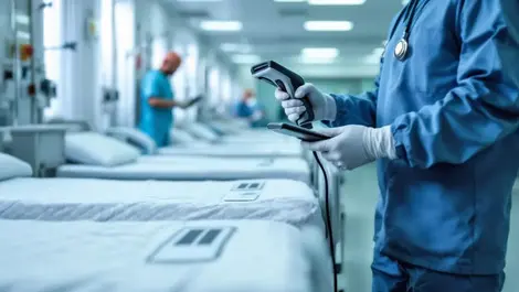 Hospital staff scanning rfid tags on mattresses in clinical ward