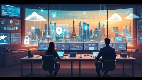 Business professionals advanced control room ai data security tokyo cityscape