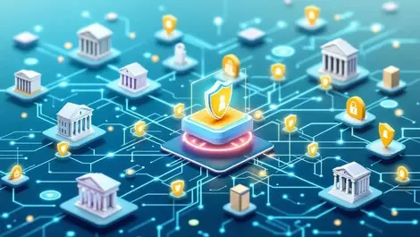 Secure digital network interconnected banks shield icons data streams uk financial sector cyber fraud protection