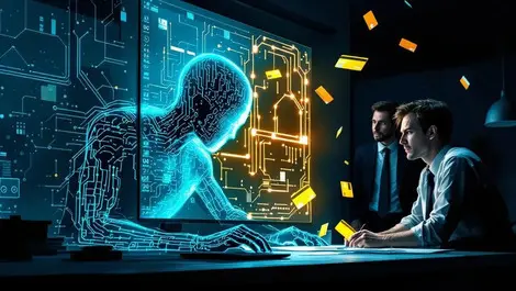 Ai cyber threat reaching for floating credit cards office scene