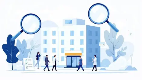 Modern healthcare hospital under scrutiny magnifying glasses checks