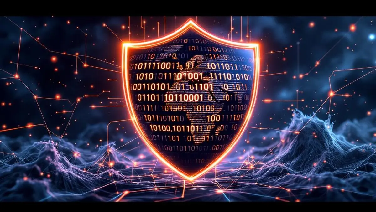 Glowing binary shield protecting networked globe from cyber storm