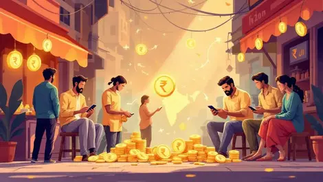 Indian street market digital rupee remittance fintech illustration