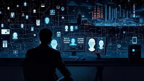 Shadowy hacker ai malware deepfake fraud cyber attack grid