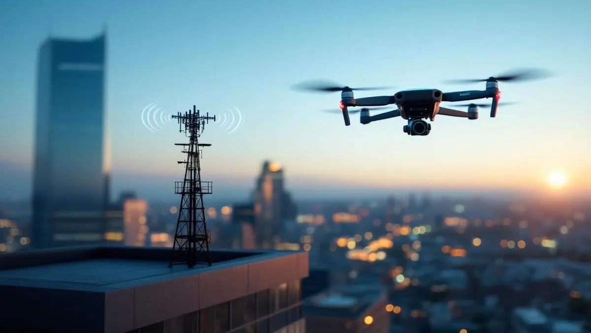 Aerial quadcopter drone over city linked to 5g rooftop tower