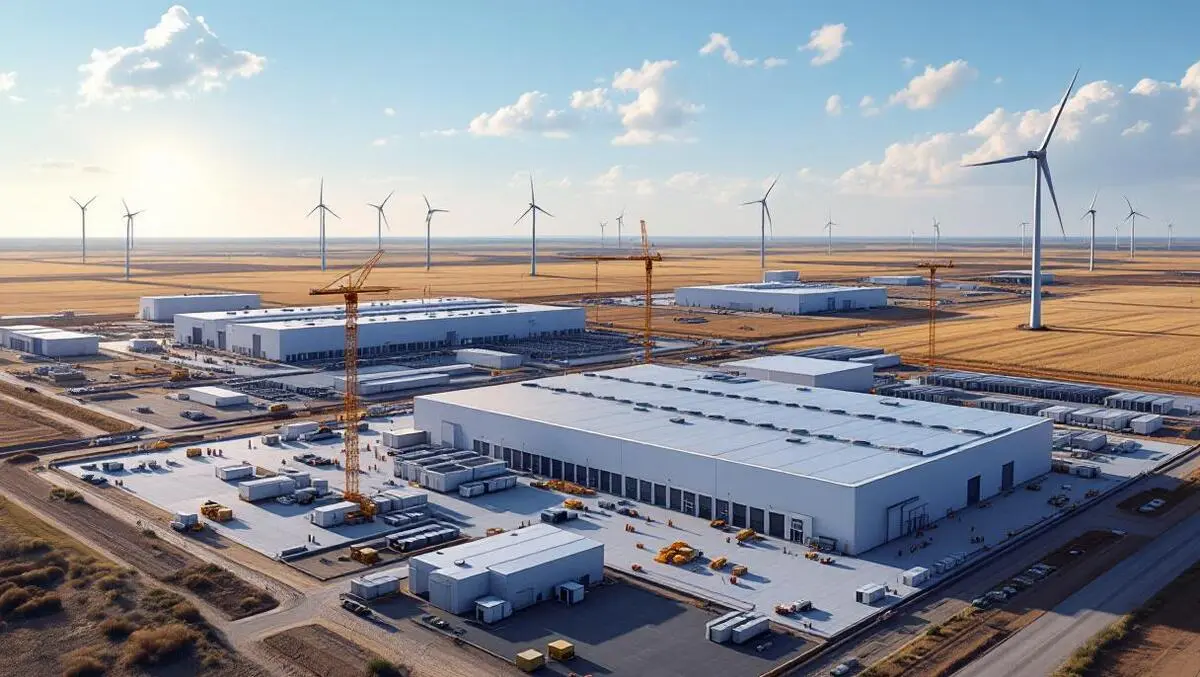 Aerial high tech data center construction north dakota wind
