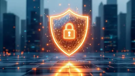 Dns domain security shield glowing nodes skyscraper backdrop