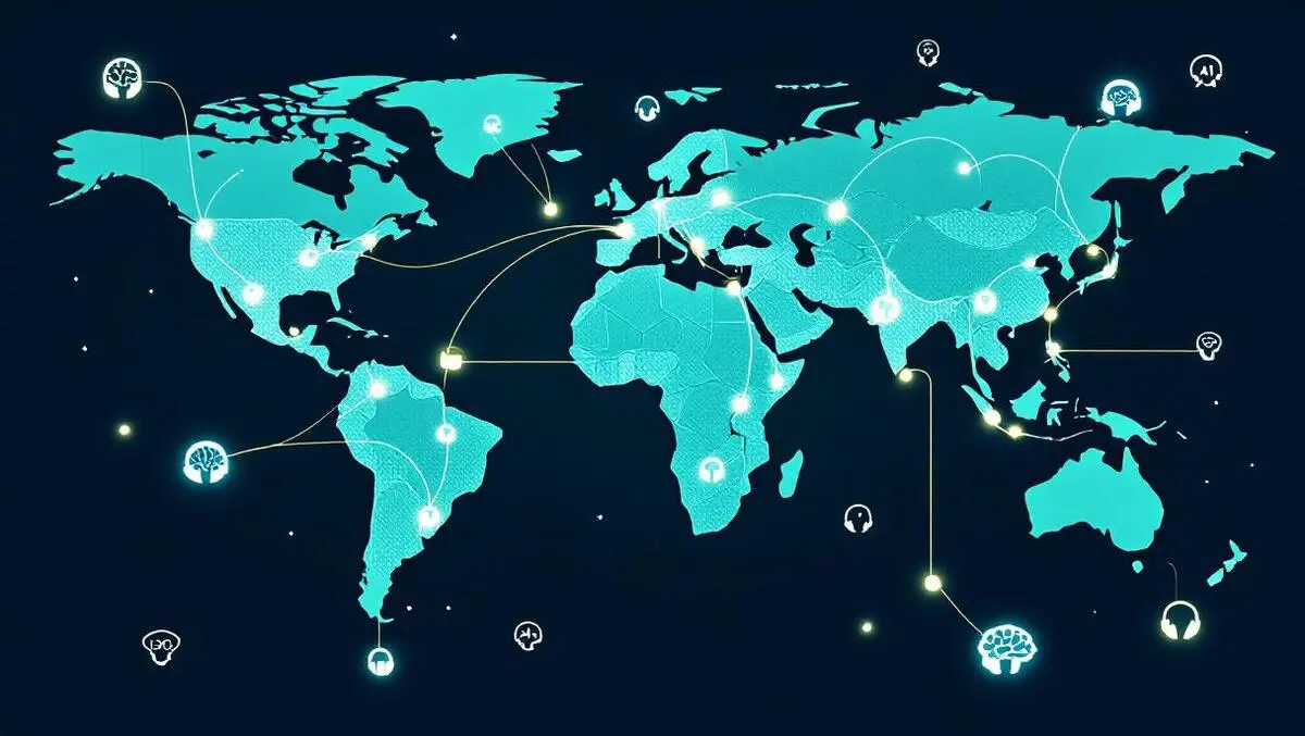 Global call center network world map ai connections blue green