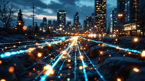 Vancouver fiber optic cables glowing pulses twilight quantum scene