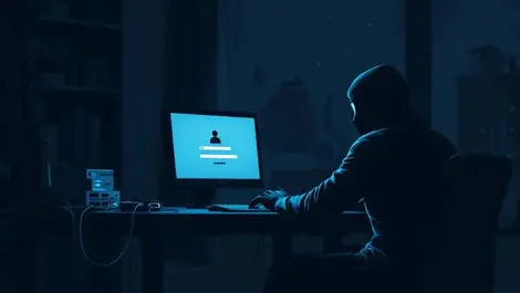 Dark office night remote access shadowy hacker silent data theft
