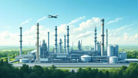 Modern sustainable jet fuel refinery with passenger jet overhead