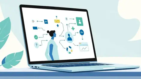 Ai workflow laptop interface with abstract humanoid guide