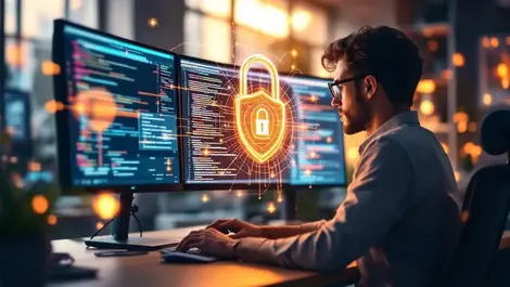 Software engineer ai coding security shields padlock network diagram