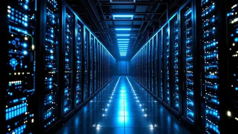 Modern data center aisle black server racks hybrid storage ai