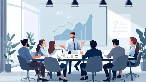 Uk office meeting ai usage chart exec confident team puzzled flat illustration